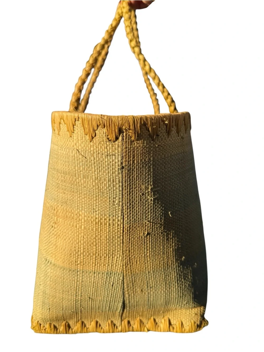 Annabel Ingall Butter Yellow Blue Raffia Tote Bag Handmade Madagascar Coastal
